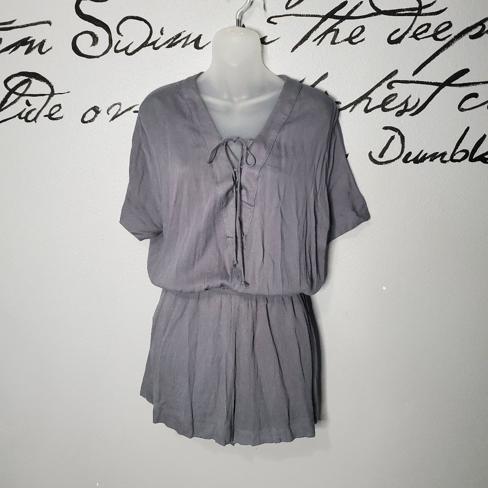 Gray Shorts Romper with Lace Up Front, M